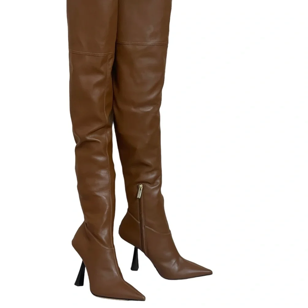 JIMMY CHOO Bryson 100 Tan Stretch Bonded Fabric Over-The-Knee‎ Boots Tan SZ 35.5